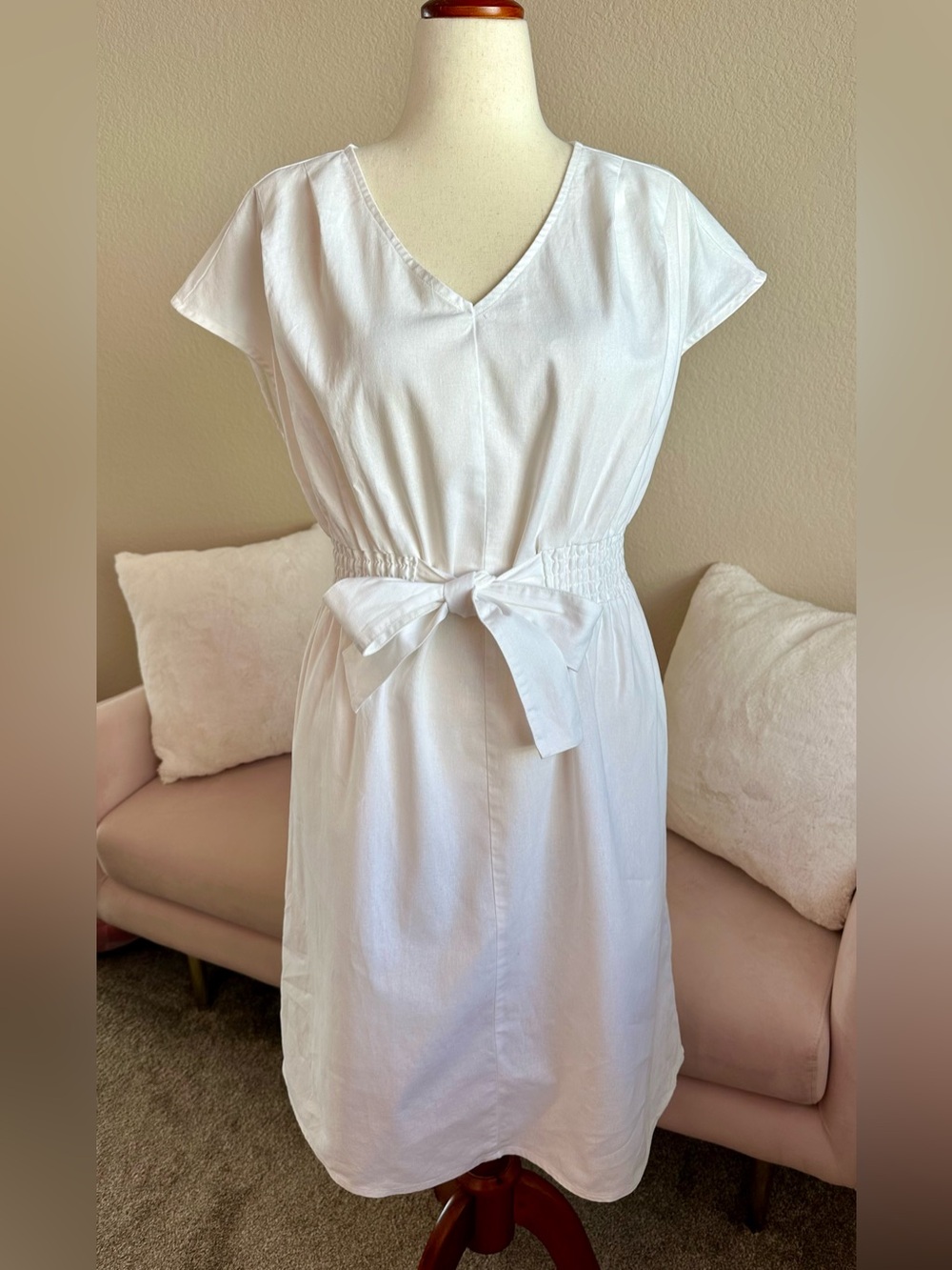 VTG Morgan Taylor Midi Shirt Dress White Linen Blend Womens M Coastal Minimalist